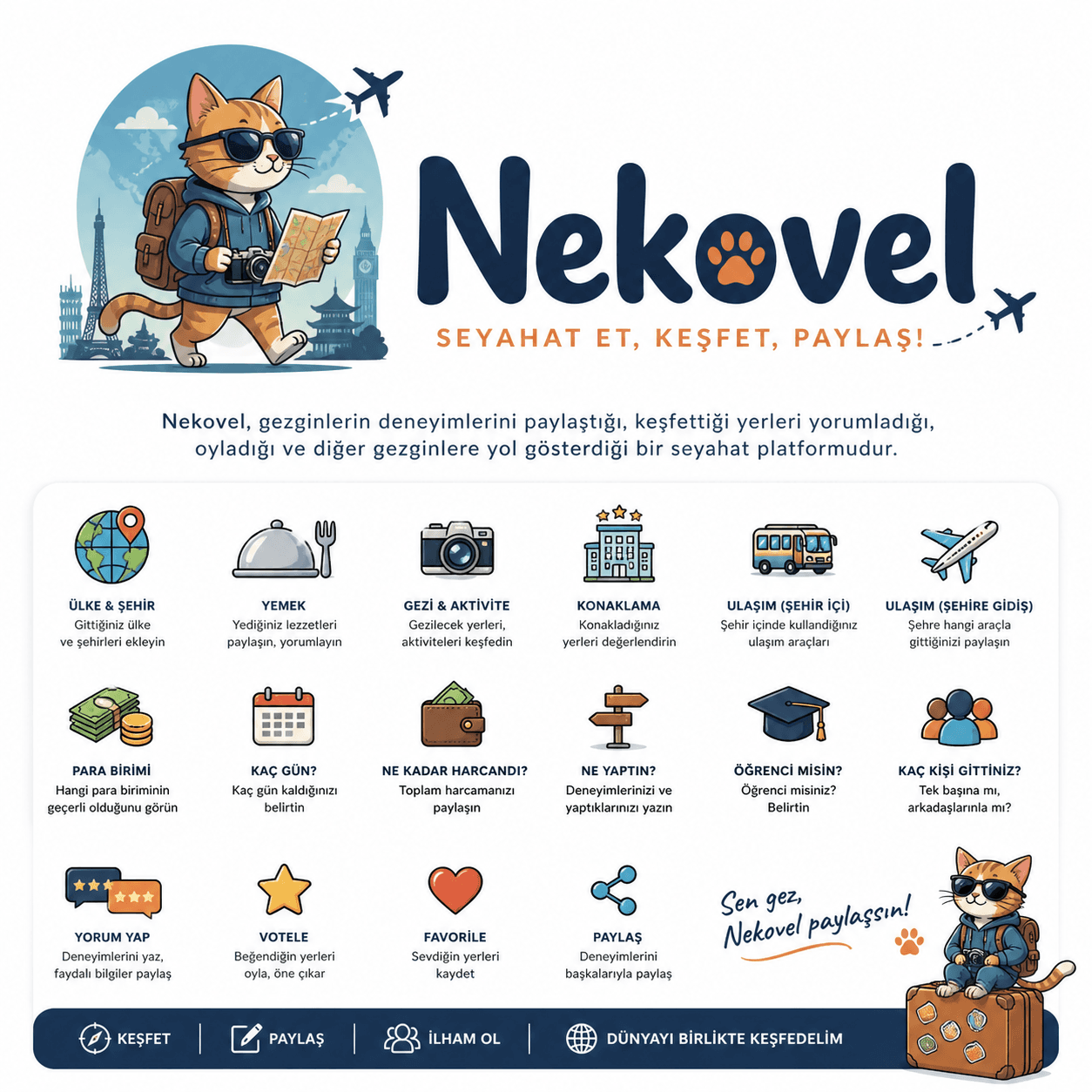 Nekovel kategorileri: ülke ve şehir, yemek, gezi ve aktivite, konaklama, ulaşım (şehir içi ve şehre gidiş), para birimi, kaç gün, ne kadar harcandı, ne yaptın, öğrenci misin, kaç kişi gittiniz, yorum yap, votele, favorile, paylaş